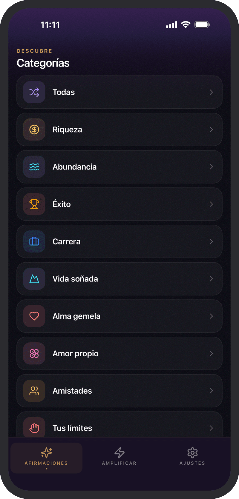 Afirmaciones para cada meta, por categoría