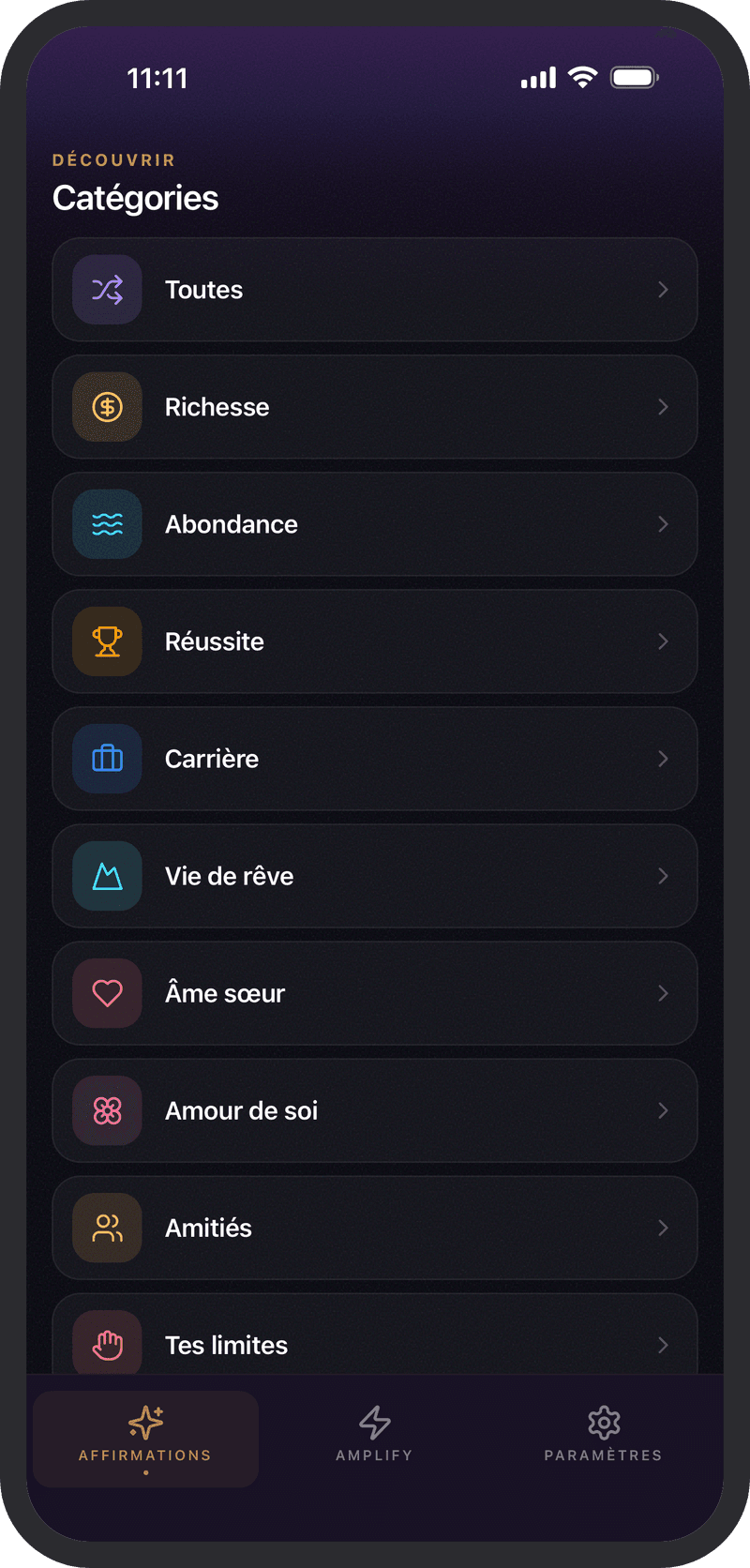 Des affirmations pour chaque objectif, par catégorie