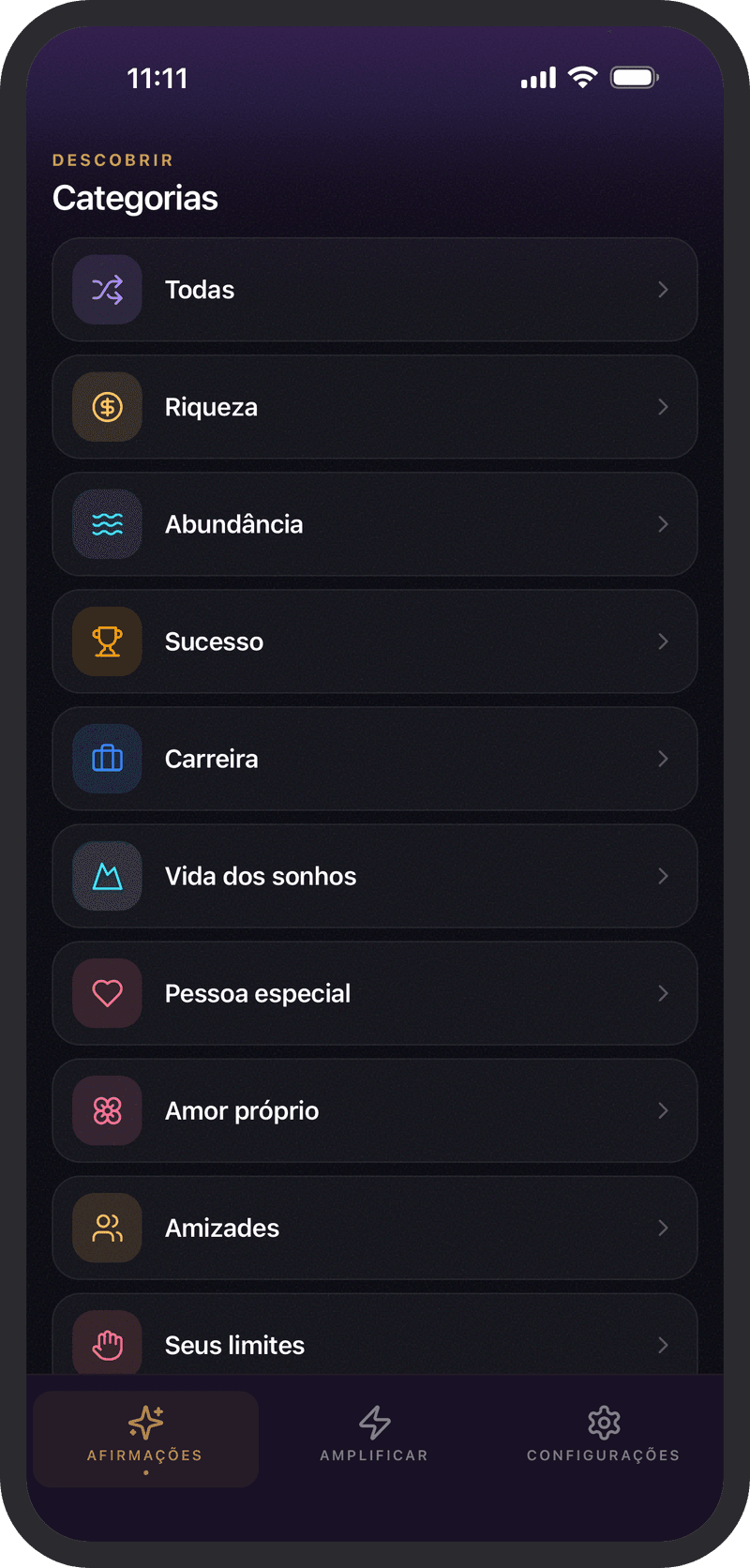 Afirmações para cada objetivo, por categoria